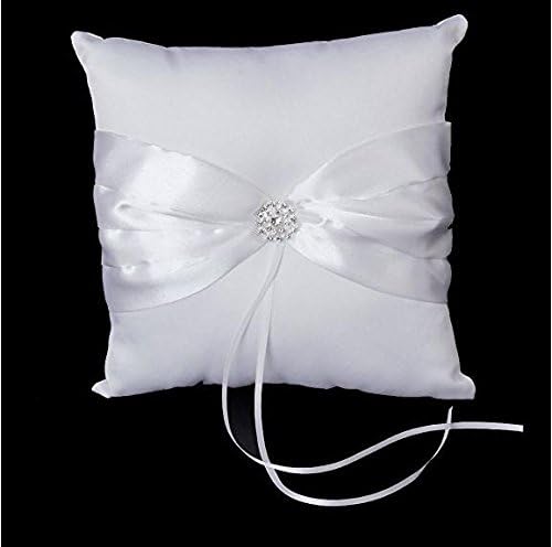 Anndeeson Elegant Satin Bowknot Wedding Ring Rhinestone Cushion (White)
