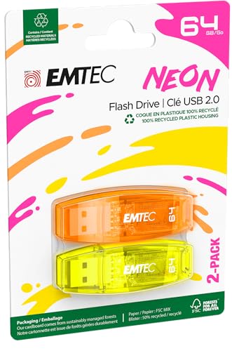 EMTEC C410 Neon 64GB Flash Drive - USB 2.0 - Transparent Neon mit Kappe, 2 Stück