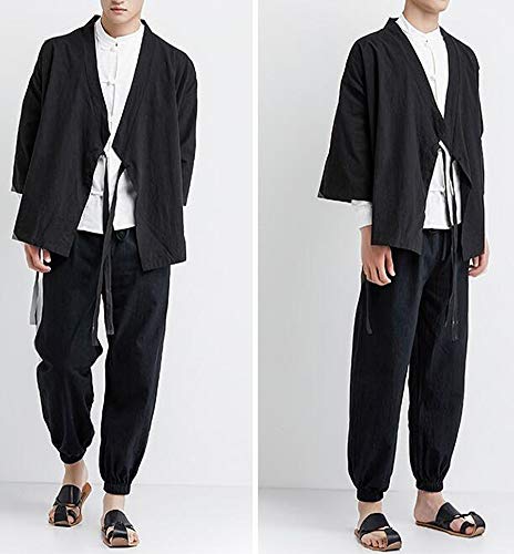 Hotmiss Men's Casual Kimono Cardigan Noragi Jackets Cloak Open Front Coat 2XL (Pure Black, XX-Large)