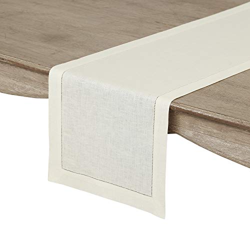 Solino Home Hemstitch Linen Table Runner - 14 x 72 Inch, Handcrafted from European Flax, Machine Washable Classic Hemstitch - Ivory