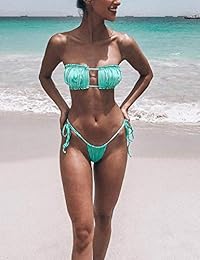 KUANGDUO Traje de baño de cintura alta para dama Conjunto de bikini con bandeau con volantes Traje de baño de tanga descarada Corbata Nudo Swim