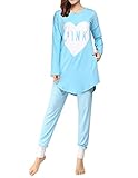 VENTELAN Women Long Sleeve Heart Printed Sleepwear Korean Fashion Pajamas Set, M(US Size:8-10), Blue