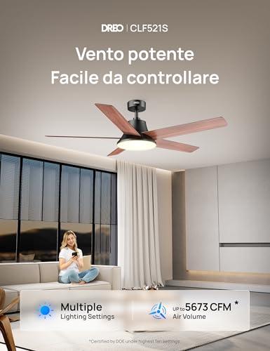 DREO 52" Smart Ceiling Fan LED Light with Adjustable Shades and Dimmable, 12 Speed, 3 Modes, 12h Timer, Silent DC Motor, with Remote Control/APP/Alexa