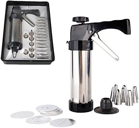 FCOZM Stainless Steel Cookie Press Gun Set Biscuit Press Tools with 13 Cookie Disc Shapes, 8 Icing Tips