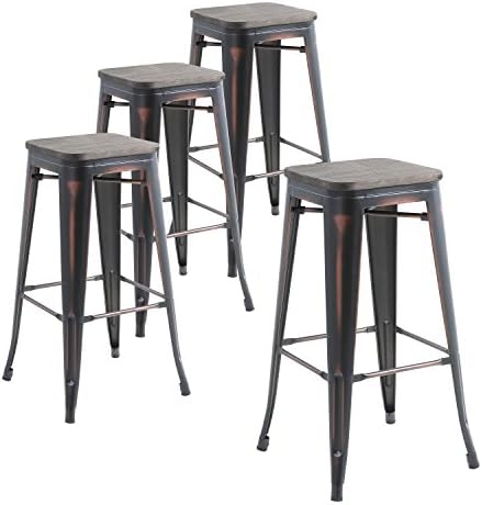 Buschman Set of Four Distressed Black Wooden Seat 30 Inches Counter High Tolix-Style Metal Bar Stools, Indoor/Outdoor, Stackable
