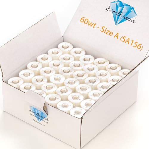 Simthread 144pcs Embroidery Pre-Wound Bobbins Thread, Class 15 Type A Size SA156, Polyester White 60 wt, Compatible with Bernina Pfaff Ambition BabyLock Brother Embroidery Sewing Machines Plastic Side