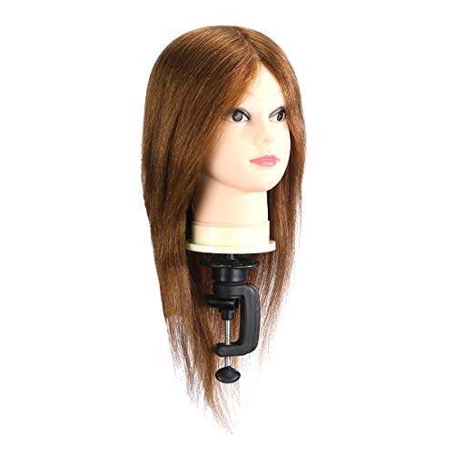 Kaleurrier Mannequin Head Female Professional Hairdresser Hair Styling Training Head Manikin Cosmetology and Hairdressing Practice Doll Head with 18" 100% Real Hair with Free Table Clamp(Color:Brown)