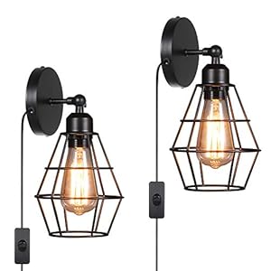 Tomshine 2-delige wandlamp industriële wandlamp E27 met stekker en schakelaar binnen zwenkbaar voor slaapkamer woonkamer…