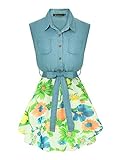 Allegra K Woman Floral Chiffon Panel Belted Denim Shirt Dress White L