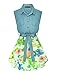 Allegra K Woman Floral Chiffon Panel Belted Denim Shirt Dress White L