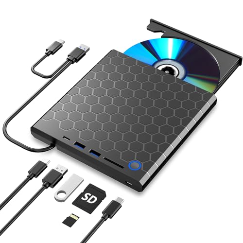 Grabadora CD Lector,Grabadora DVD Externa USB 3.0 y Tipo C, Lector de CD con USB C,2 USB A y Lector Tarjeta SD/TF,Unidad Óptica Externa de CD/DVD Compatible con Windows 11/10/8/7/XP/Vista/Linux/Mac OS