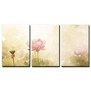 3 Panel Canvas Wall Art - Watercolor Style Lotus Flowers and Leaves - Giclee Print Gallery Wrap Modern Home Art Ready to Hang - 16"x24" x 3 Panels