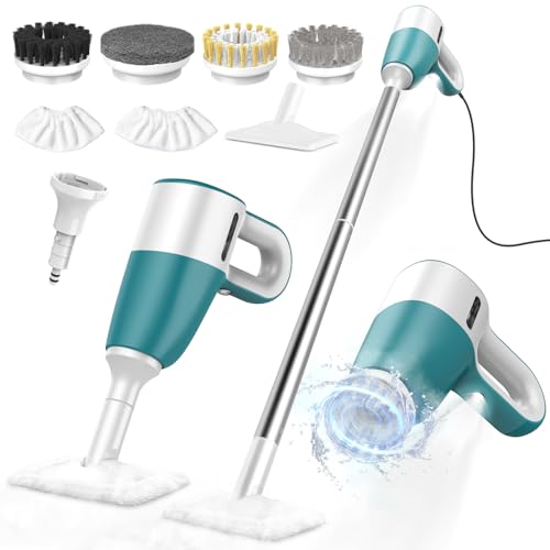 Steam Cleaner & Electric Spin Scrubber Combo, Effortless Design Steamer with 11 Accessories, 2 Modes & Detachable Long Handle, Multi-Surface Cleaning Tool for Floor, Tile, Grout, Bathroom & Car