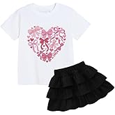 Lukiwel Girls Skirt Set 2 Piece Toddler Valentines Clothes Short Sleeve T-Shirt Bow Heart Outfit Set for 3-8 Years
