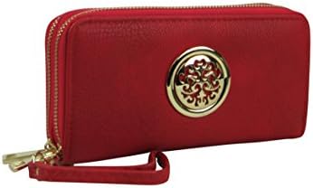 ARNY - Women Double Zipper Wallet Faux Leather Clutch with Wristlet (Red)