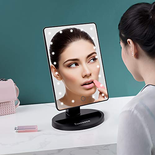 Vanity Lighted Makeup Mirror with 21 Led Lights Dual Power Supply, Cosmetic Desk Table Makeup Mirror with Detachable 10X Magnification, Touch Screen Light Adjustable Dimmable 180° Rotation(Black)