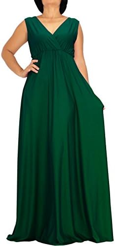 Handmade Women Maxi V Neck Flare Wide A Line Empire Waist Sleeveless Party Dress Formal Informal (M, Forest Green)