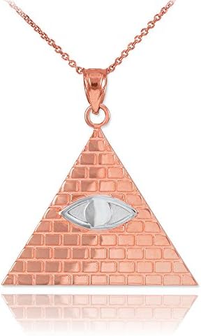 Fine 10k Two-Tone Rose Gold Pyramid Charm All Seeing Eye of Providence Illuminati Necklace, 22"