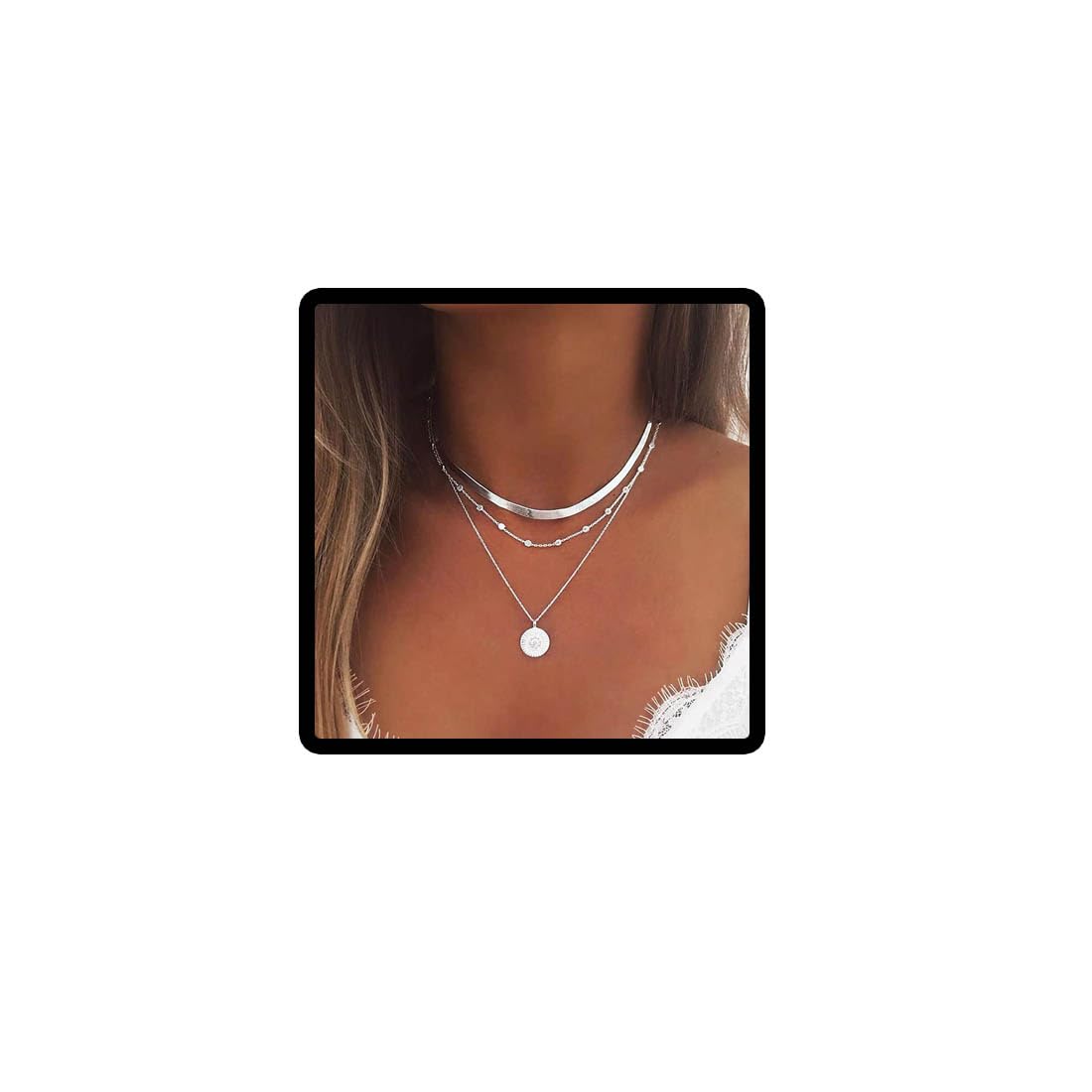 Wedity Layered Lotus Pendant Necklaces Silver Bead Choker Necklace Chain Adjustable Jewelry for Women and Girls