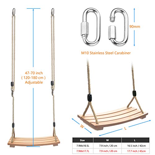 Holzschaukel Outdoor für Erwachsene Kinder, Schaukelsitz Holz mit Verstellbarem Hanfseil Schaukel Holz Outdoor für Garten Schaukel für Erwachsene bis 100 kg (17.7 x 7.9 in) – Bild 5