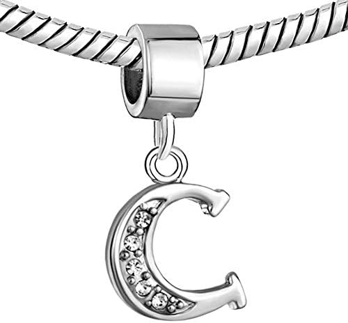 Alphabet Beads A-Z Letter Initial Spacer Dangle Clear Synthetic Crystal Silver P Charm For Snake Chain Bracelets (Letter C)