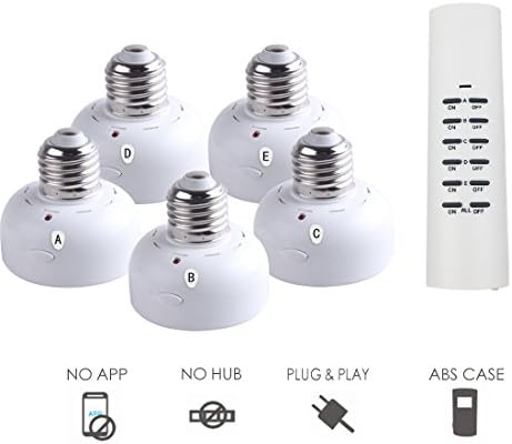 TOSSOW Wireless Light Socket with Smart Remote Control E26/E27 Light Bulb Base for Lamps Bulbs and Fixtures (5 Sockets/1 Remote)