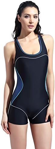 RELTANGL Women's One Piece Boxer Boyleg Swimsuit Slimming Racerback Halterneck Athletic Swimwear Tankini(Black Blue, US(2))