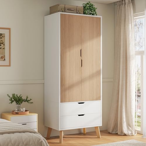 Luxoak Kleiderschrank Mit 2 Schubladen, Weiß &Amp; Holzoptik, 198X76X50 Cm, Moderner Schlafzimmerschrank Mit Kleiderstange &Amp; Stauraum, Für Schlafzimmer &Amp; Büro Geeignet