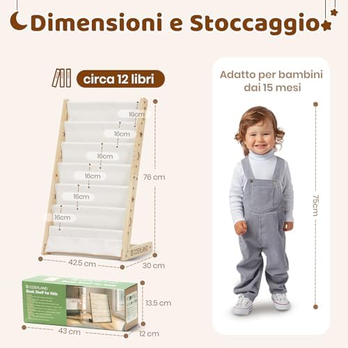 Libreria Montessori per Bambini Con 6 Scomparti in Tessuto Oxford - Libreria per Bambini in Legno Naturale - Libreria Montessori Con Bordi Arrotondati e Design Spazio-Saving(Naturale)