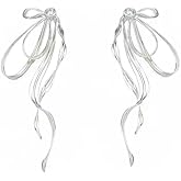 Silver Metal Flowing Ribbon Bow Earrings, Metal Big Bow Stud Earring with Diamonds S925 Silver Post Trendy Earrings for Women Jewelry
