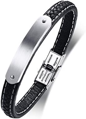 PJ JEWELLERY Mens Personalised Stainless Steel Nameplate Message ID Leather Bracelet Cuff,Custom ID Wristband Gift for Him,8.2"