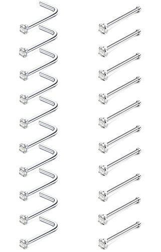 JOERICA 20 Pcs 20G Stainless Steel Nose Studs Rings Pin and L Bend Body Piercing CZ Inlay 1.5mm