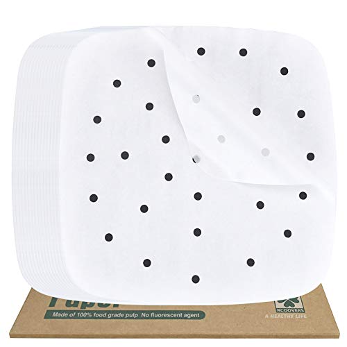 Air Fryer Parchment Paper for Baking Bamboo Steamer Liners 7 Inch 200Pcs White Square Perforated
