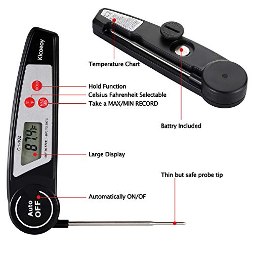 Digital Instant Read Meat Thermometer, Kicoeoy Kitchen Waterproof Thermometer With Collapsible Probe & Calibration. Super Fast Electric Food Thermometer For Kitchen, Outdoor Cooking, BBQ (black)
