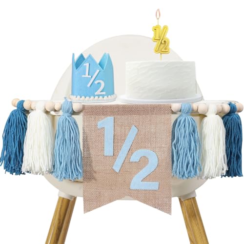 1/2 Birthday Boy Half Birthday Decorations High Chair Banner, 6 Month Tassel Wood Bead Highchair Garland Blue