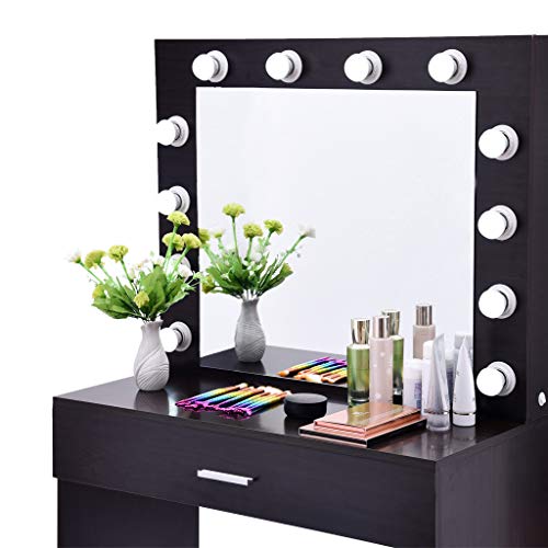 FunDiscount Vanity Set with Lighted Mirror, Cushioned Stool and Drawers, Modern Makeup Vanity Dressing Table Dresser Desk Vanities Bench for Bedroom Living Room Girls Dressing Room (Black) - Thumbnail 7