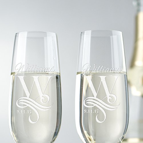 Personalized Mr & Mrs Wedding Champagne Flutes - Bride & Groom Glasses w/Last Name & Date, Custom Engraved, Set of 2 | Wedding Toasting Glasses - Thumbnail 3