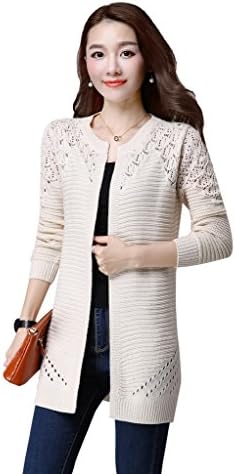 KUBITU Womens Boyfriend Stripe Open Front Hollow Out Lightweight Long Cardigan Large Beige