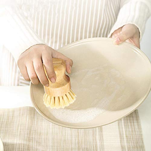 2 Pack Natural Dish Scrub, Amytalk Bamboo Round Natural Scrub Brush for Dishes Cast Iron Pots Pans Bathroom Kitchen Sink Household Cleaning