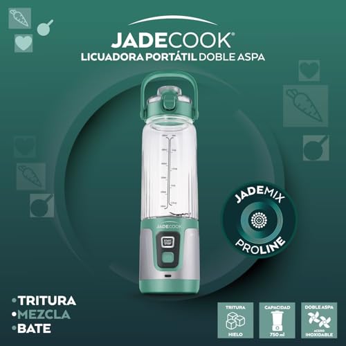 JadeCook Licuadora Portátil Recargable Jade Electro con Vaso de 750 ml, Doble Aspa, para Smoothies y Jugos, Tritura Hielo, Mezcla y Bate, Color Verde
