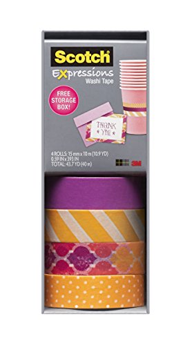 Scotch Expressions Washi Tape, Multi-Pack with Storage Box Stripes, Dots and Sunset, 4 Rolls (C317-4PK-STRP)