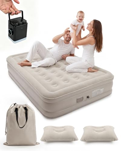Double Inflatable Mattress 203 x 152 x 40 cm, 40 Air Chambers, Soft Flocked Surface, Maximum Load 300 kg, Inflatable Mattress with Carry Bag and 2 Pillows, Ideal for Guests at Home, Camping, Khaki