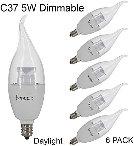 Baomao Dimmable Candelabra LED Bulbs, 40W Incandescent Bulbs Equivalent, 5W E12 LED Flame, UL Listed, Chandelier Bulbs, 400lm, 120° Beam Angle, Daylight, 4000K, LED Candle Bulbs, Pack of 6 Units