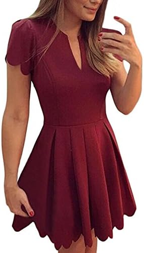 Mayier Women Cute V Neck Sweet Scallop Pleated Skater Dress,Medium,Red
