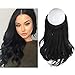 SARLA Invisible Wire Hair Extensions with 3 Clips Short Synthetic Wavy Curly Hairpiece Adjustable Transparent Headband for Women 14 Inch Jet Black