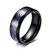 LEEYA NL12 8mm Tungsten Carbide Ring Silvering Celtic Dragon Blue Carbon Fibre Inlay Wedding Band Size 6-13 (11, Black)