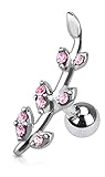 Gemmed Flower Vine Leaf Tragus Barbell 316L Surgical Steel Cartilage Bar Helix Piercing 16g (Pink)