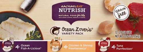 RACHAEL RAY NUTRISH NATURAL WET CAT FOOD, OCEAN LOVERS VARIETY PACK, 2.8 OUNCE CUP (PACK OF 12), GRAIN FREE