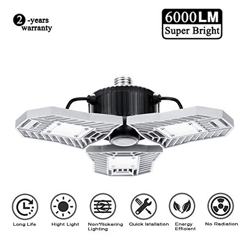 LED Garage Lights, 60W E26/E27 6000LM Deformable Ceiling Lighting for Full Area,Ultra-Bright Mining Lamps with 3 Adjustable Panels，LED Light Bulbs for Workshop, barn, Warehouse etc.