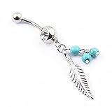 316L Surgical Steel 14g Leaf Dangle with Blue Beads Navel Belly Button Ring Barbell Piercing + 1 Retainer